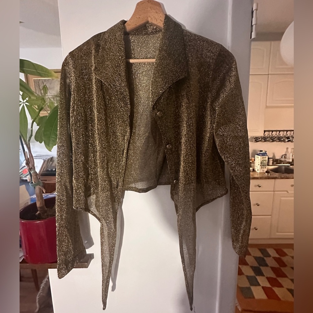 Vintage Semi sheer gold and black crop blouse shirt with tie